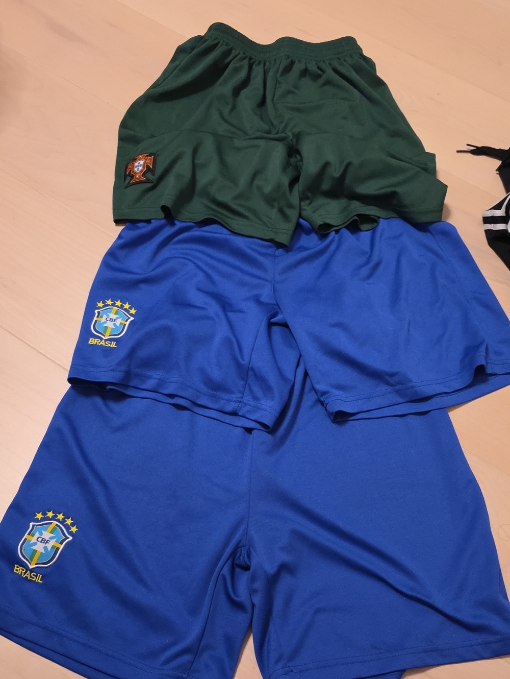Mens Soccer Blue and Green Soccer Shorts - Brazil And SPAIN Crest